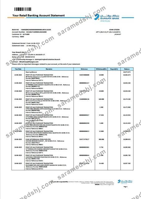 Kuwait Burgan Bank retail account statement Word and PDF template